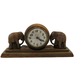 VTG Sessions Elephant Mantel Desk Clock Wooden Carved Home Decor Tested Works